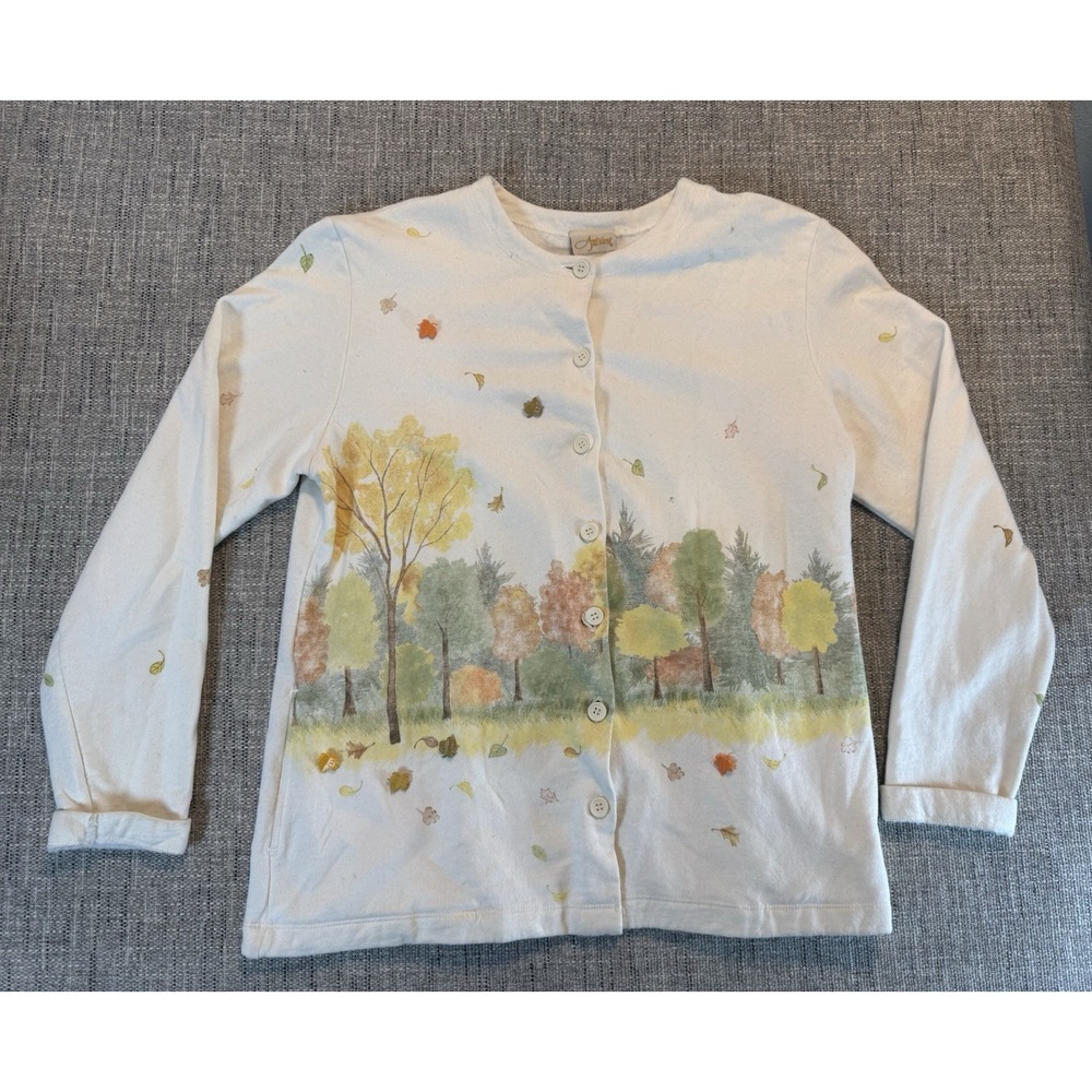 Artisans Wearable Art Cardigan Womens M Trees Landscape‎ Attached Crafted Leaves
